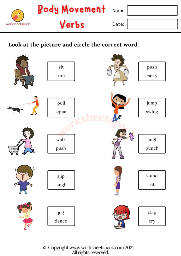 Body movement verbs worksheets - worksheetspack