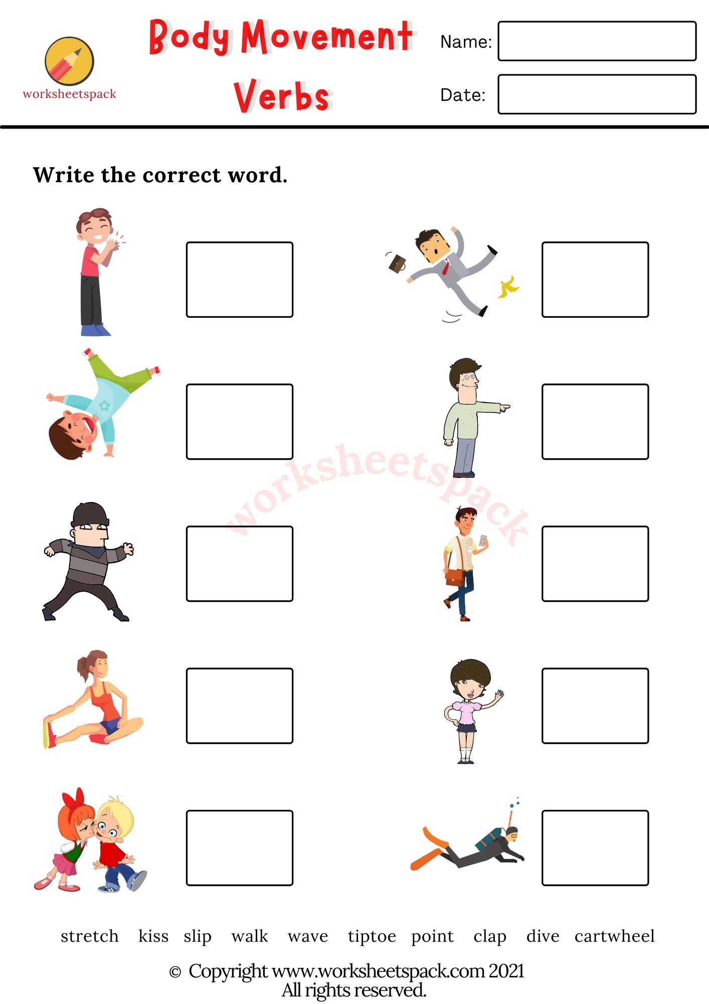 Body movement verbs worksheets - worksheetspack