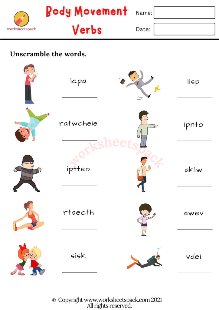 Free ESL body movement verbs worksheets pack