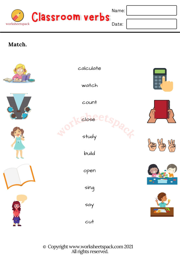 ESL free printable classroom verbs vocabulary worksheets pack