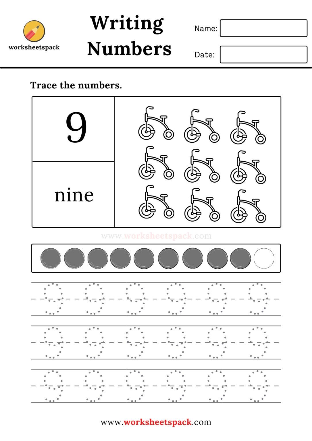 Preschool number tracing sheets 1 to 10 - worksheetspack