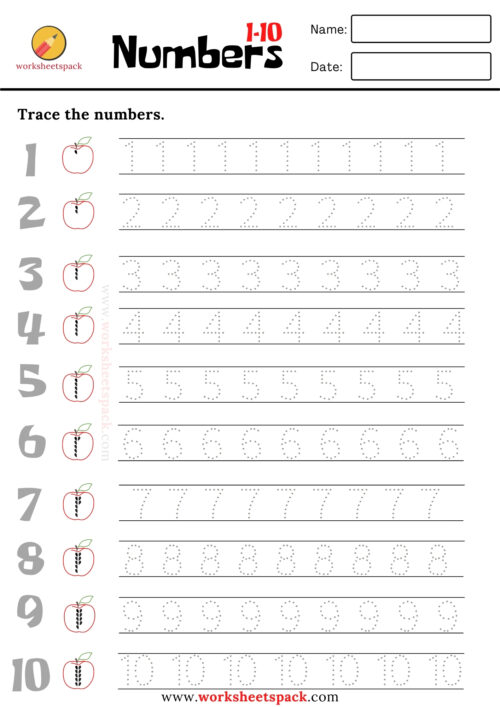 Free printable numbers tracing worksheet 1-10