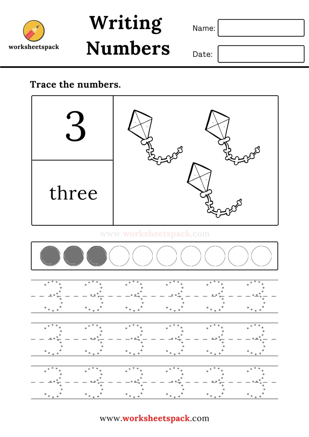 Preschool number tracing sheets 1 to 10 - worksheetspack