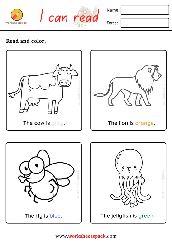 Printable read and color worksheets PDF