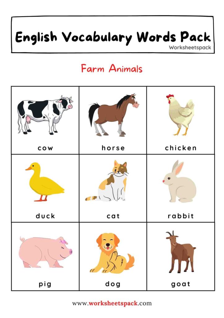 Free printable animal vocabulary words with pictures