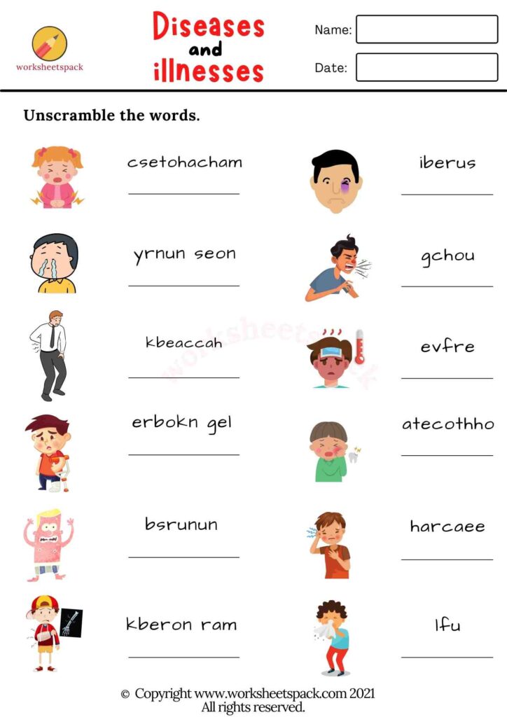 DISEASES AND ILLNESSES VOCABULARY WORKSHEETS