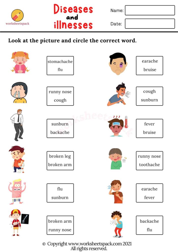 DISEASES AND ILLNESSES VOCABULARY WORKSHEETS