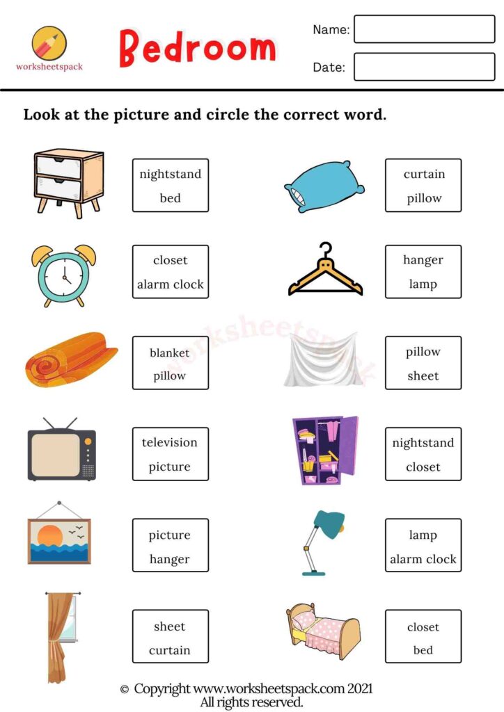 ESL bedroom vocabulary worksheets