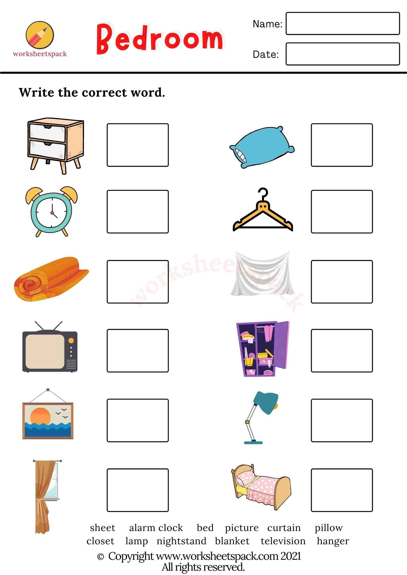 ESL bedroom vocabulary worksheets - worksheetspack