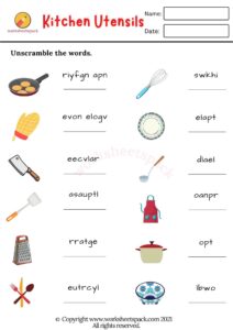 Kitchen utensils vocabulary worksheets - worksheetspack