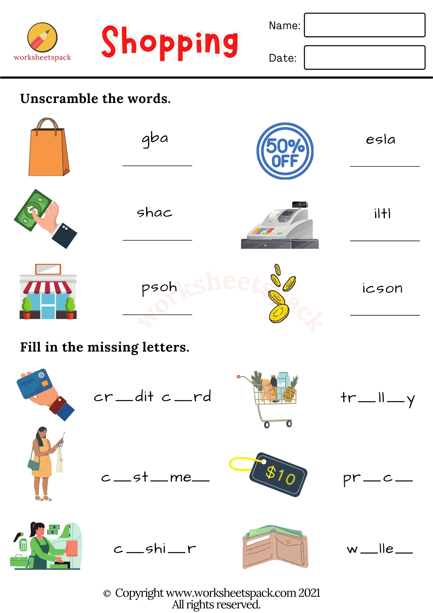 Shopping vocabulary worksheets worksheetspack