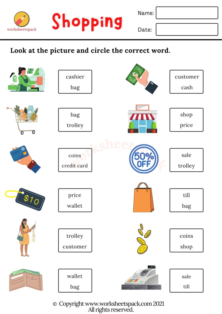 Shopping vocabulary worksheets PDF