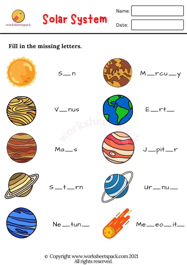 Solar System Worksheets PDF - worksheetspack