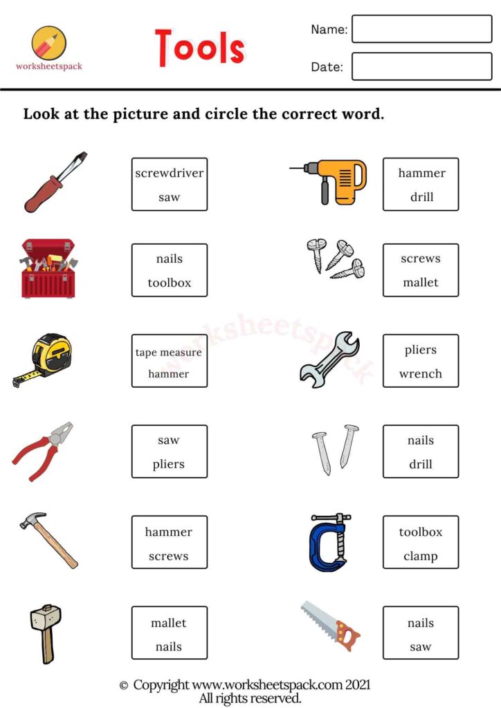 Tools vocabulary worksheets PDF