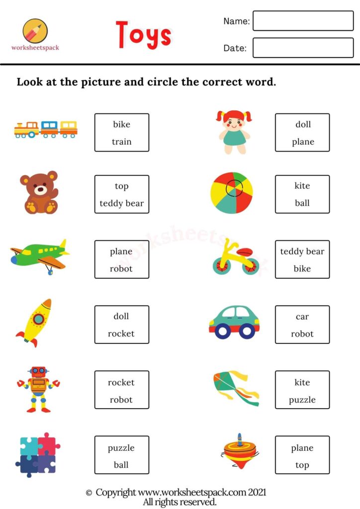 Toys vocabulary worksheets PDF