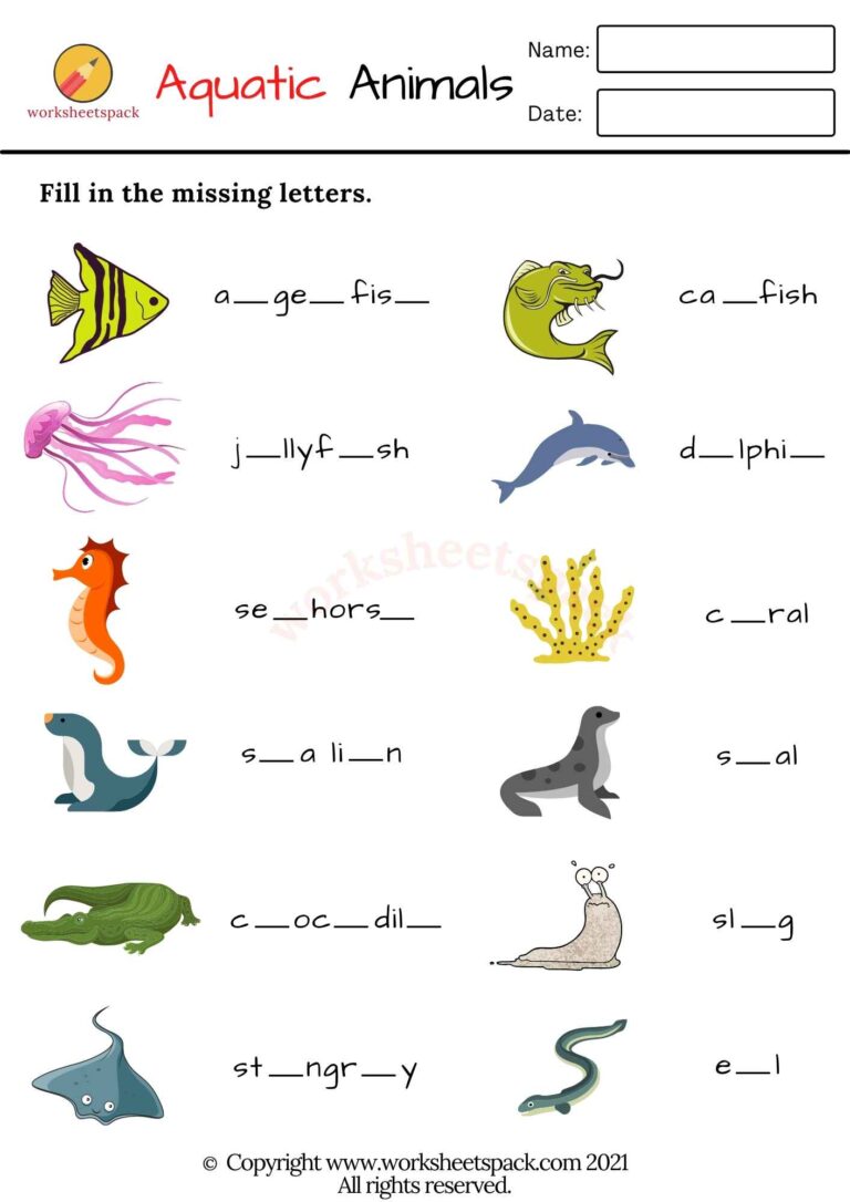 Aquatic Animals Worksheets PDF - worksheetspack