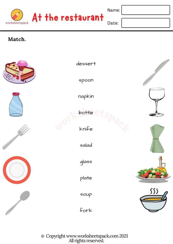 AT THE RESTAURANT VOCABULARY WORKSHEETS