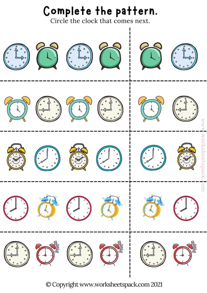 Clock face find the pattern free printable worksheet.