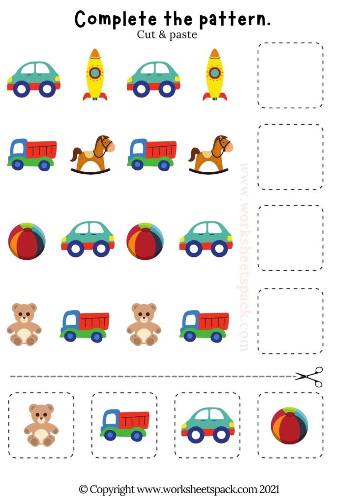 CUT AND PASTE PATTERN WORKSHEETS (TOYS)