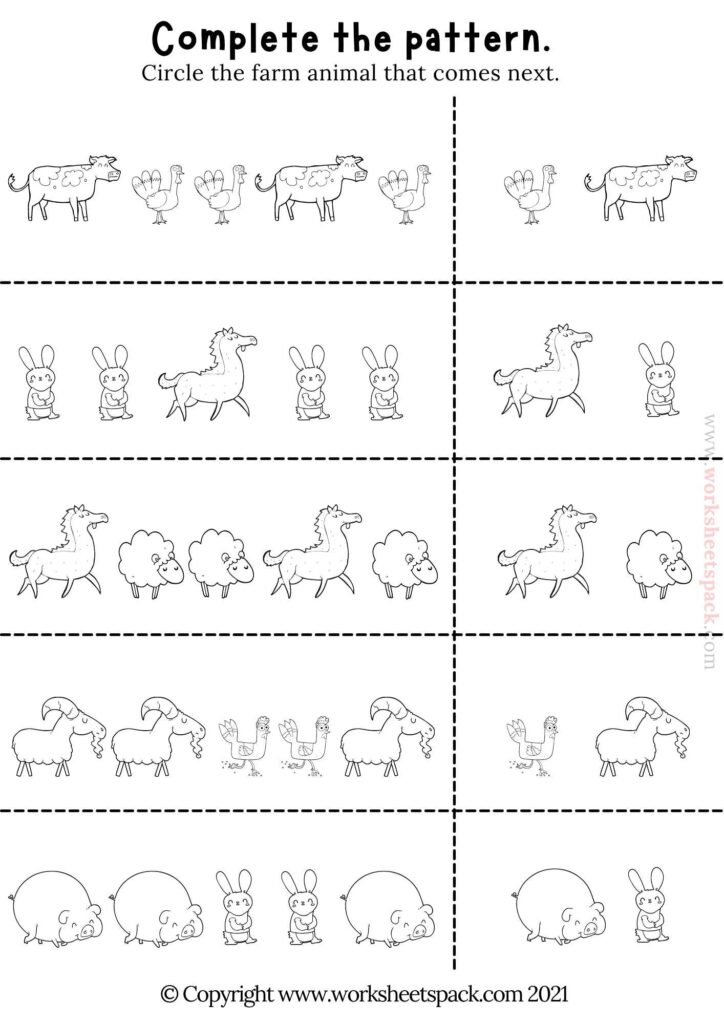 Farm animal patterns (free kindergarten worksheet) - worksheetspack