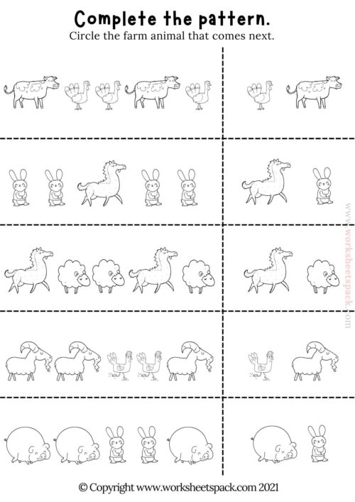 Farm animal patterns (free kindergarten worksheet)