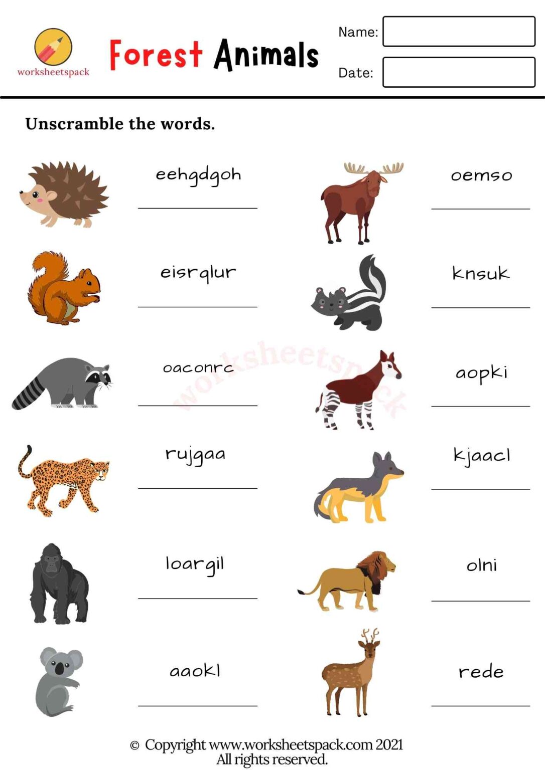 Forest Animals Worksheets PDF - worksheetspack