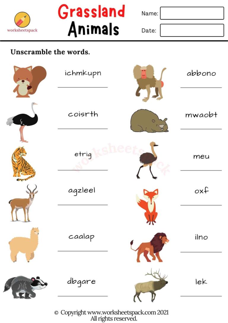 Grassland Animals Worksheets PDF - worksheetspack