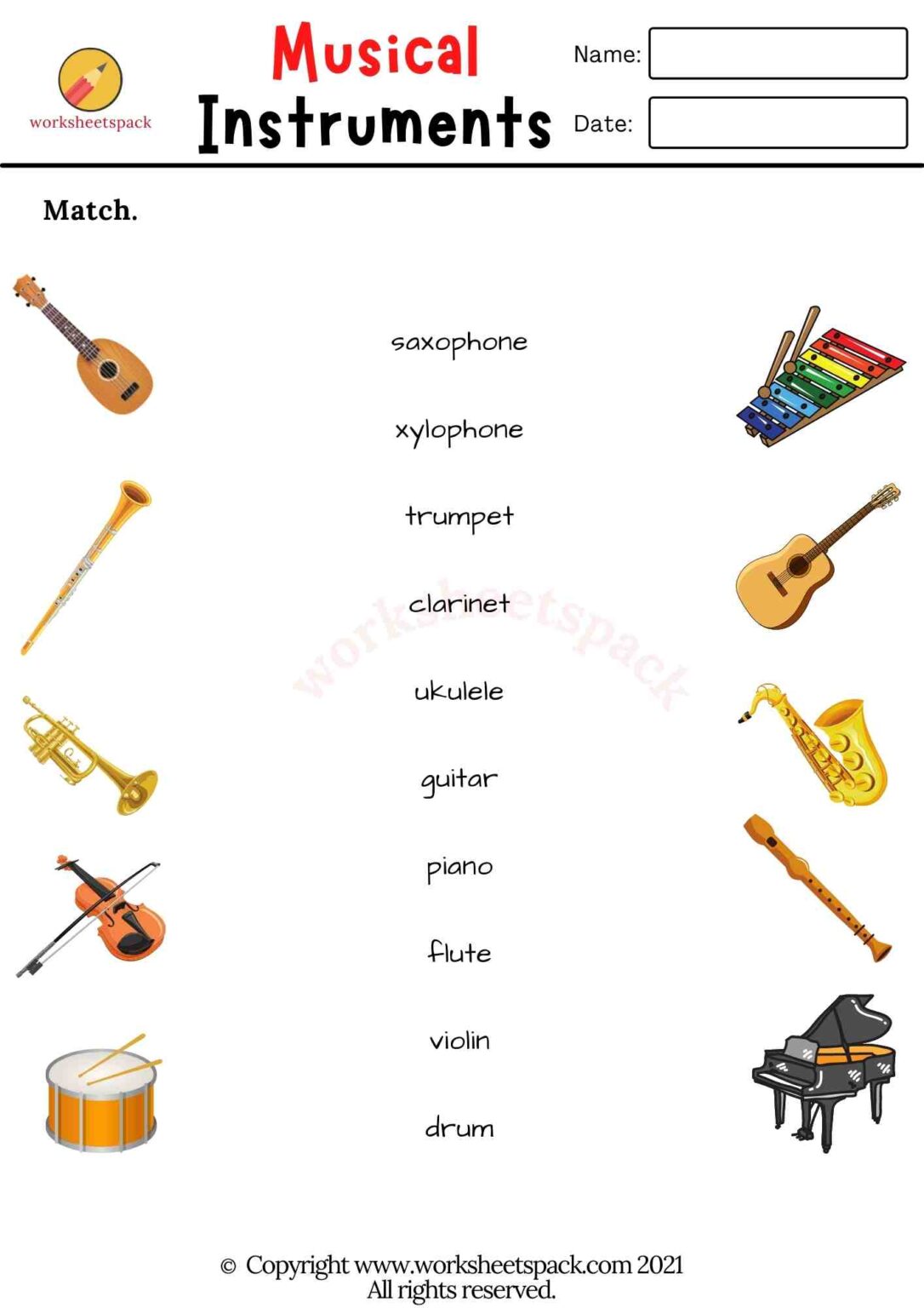 Musical instruments worksheets - worksheetspack