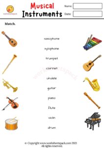 Musical instruments worksheets - worksheetspack