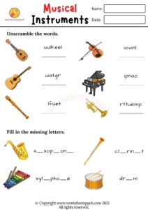 Musical instruments worksheets - worksheetspack