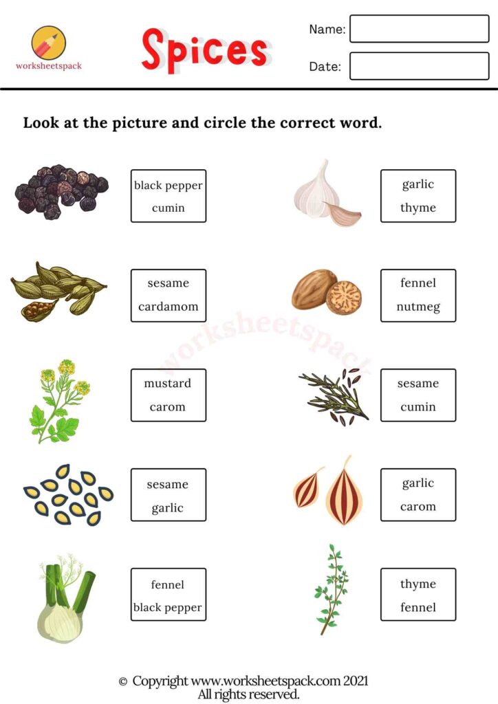 Spices worksheets