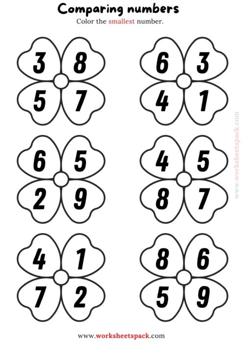Comparing numbers color the smallest number worksheetspack
