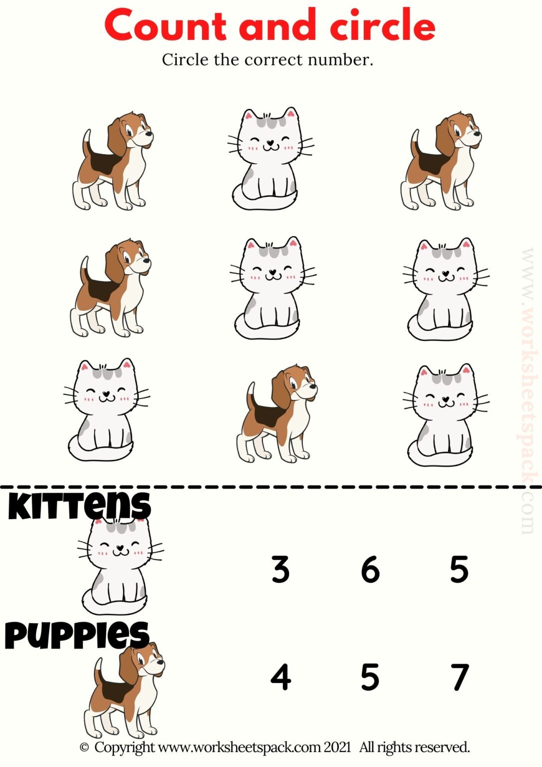 Count and circle (Counting cats and dogs) - worksheetspack