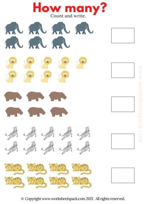 Free Count and Write the Number Worksheets | Animals - worksheetspack