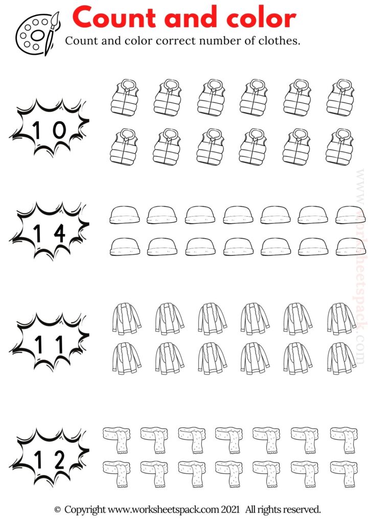 COUNTING AND COLORING WORKSHEET WITH CLOTHES