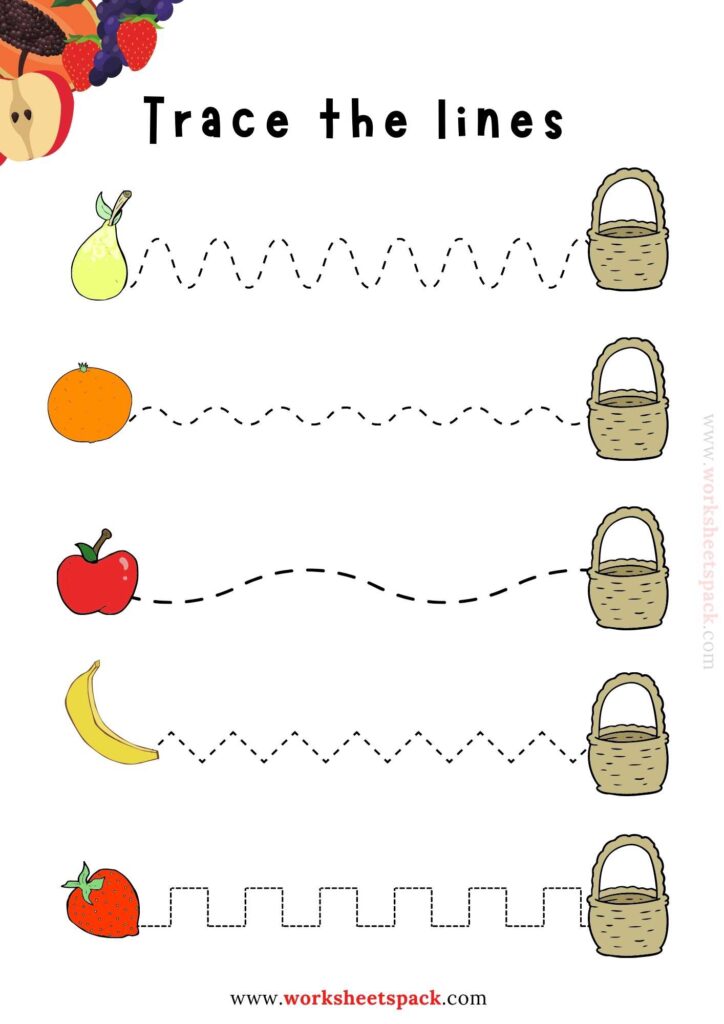 Fruits tracing lines free worksheet