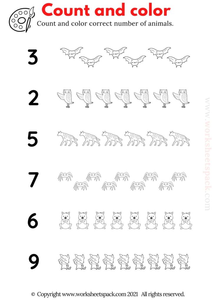 NOCTURNAL ANIMAL COUNT AND COLOR WORKSHEET