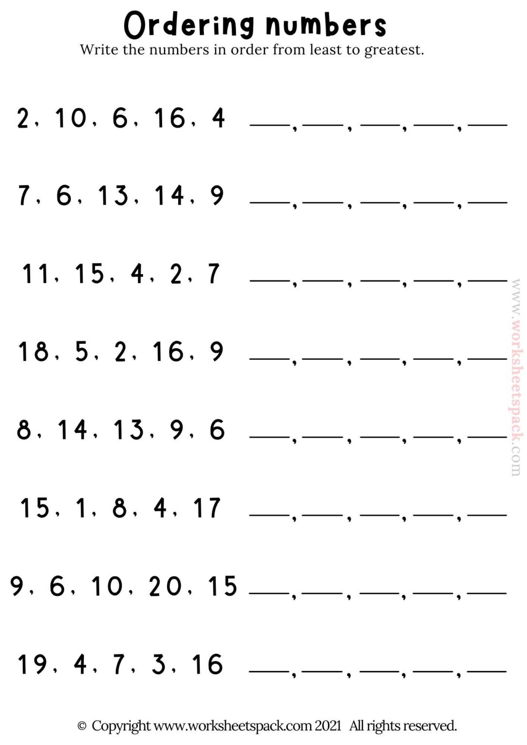 Ordering numbers 110 worksheet worksheetspack