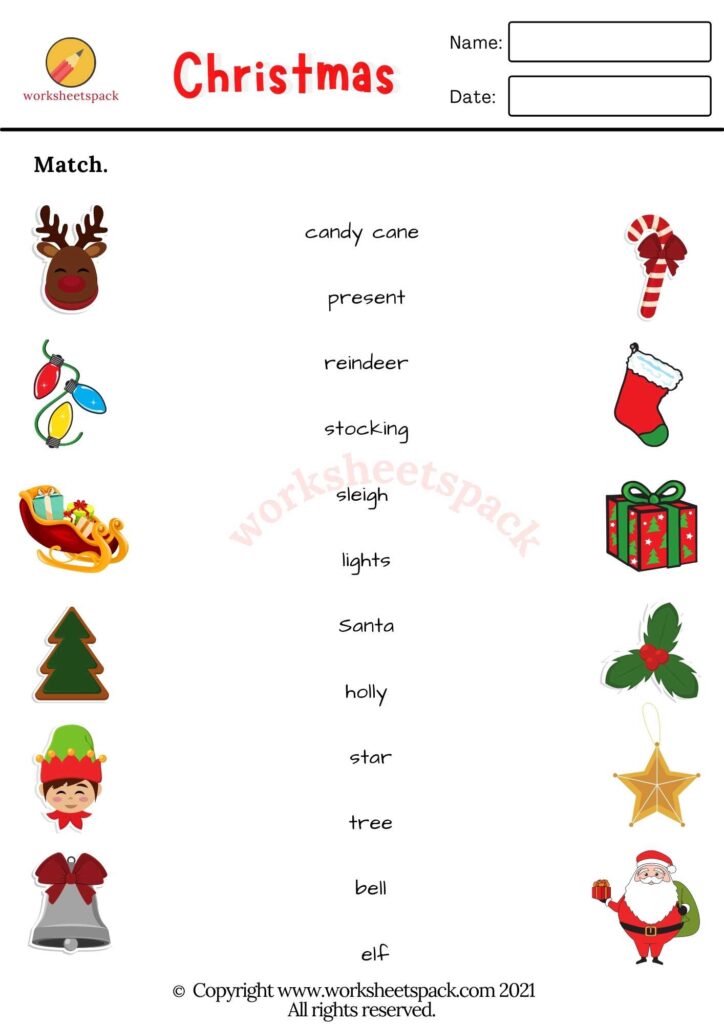 Christmas Worksheets Matching Exercise