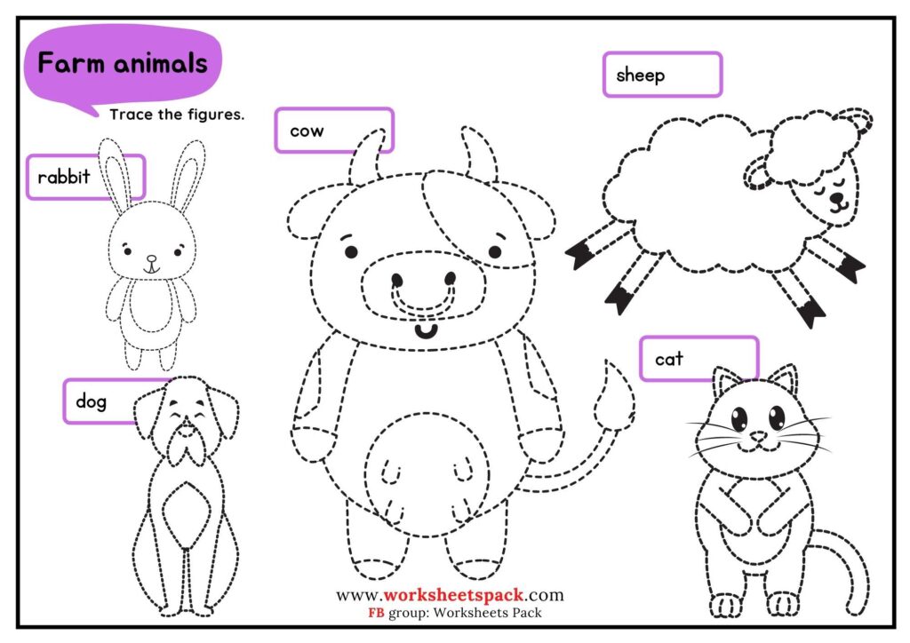 Farm Animals Pictures Tracing Worksheet
