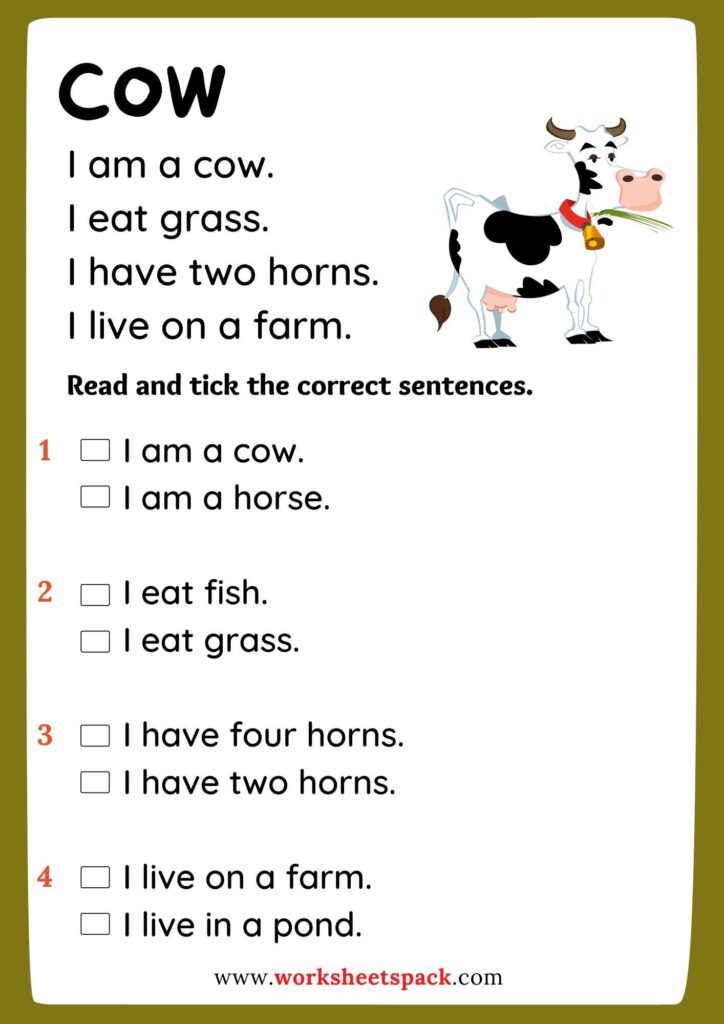 Reading comprehension worksheets about farm animals