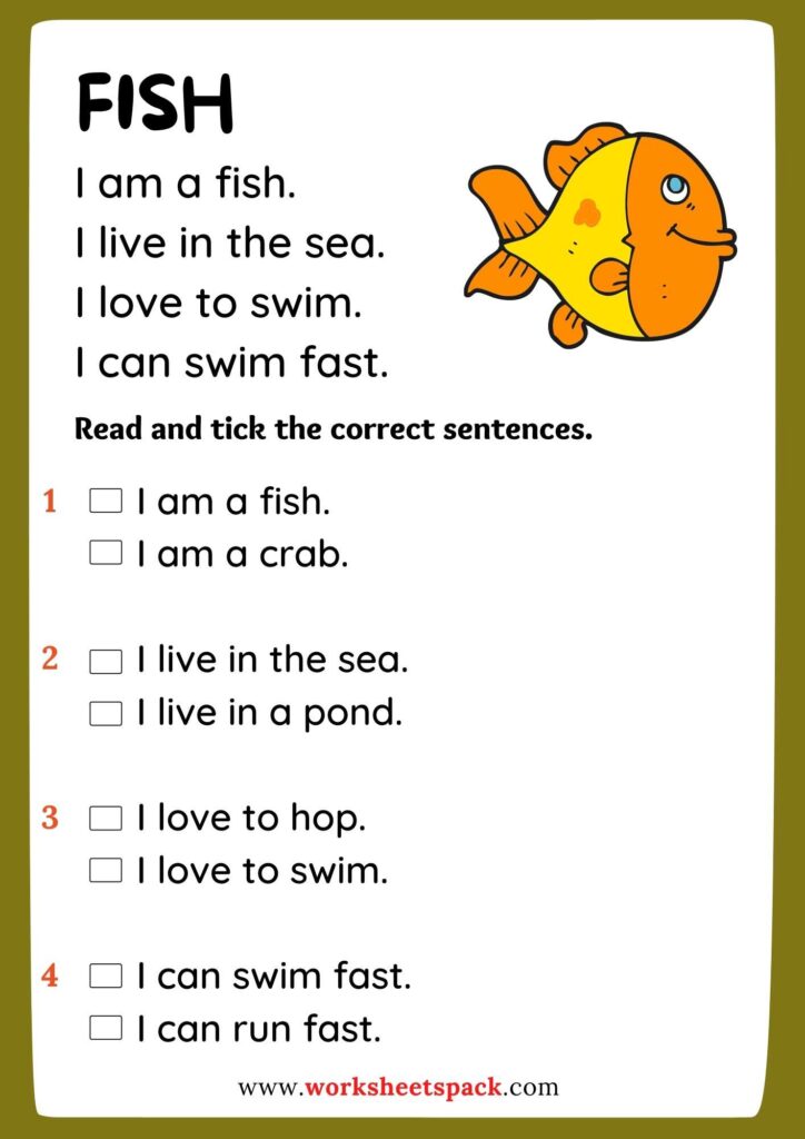 Free Sea Animals Reading Comprehension Worksheets