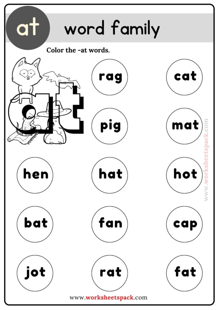 At Word Family Coloring Activities for Kindergarten