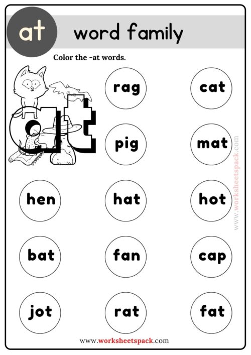 At Word Family Coloring Activities for Kindergarten - worksheetspack