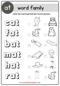 At Word Family Coloring Activities for Kindergarten - worksheetspack