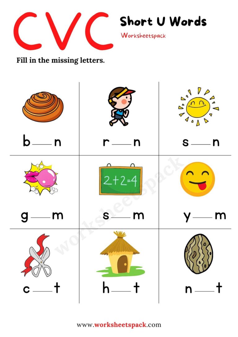 Free Short U Worksheets for Kindergarten - worksheetspack