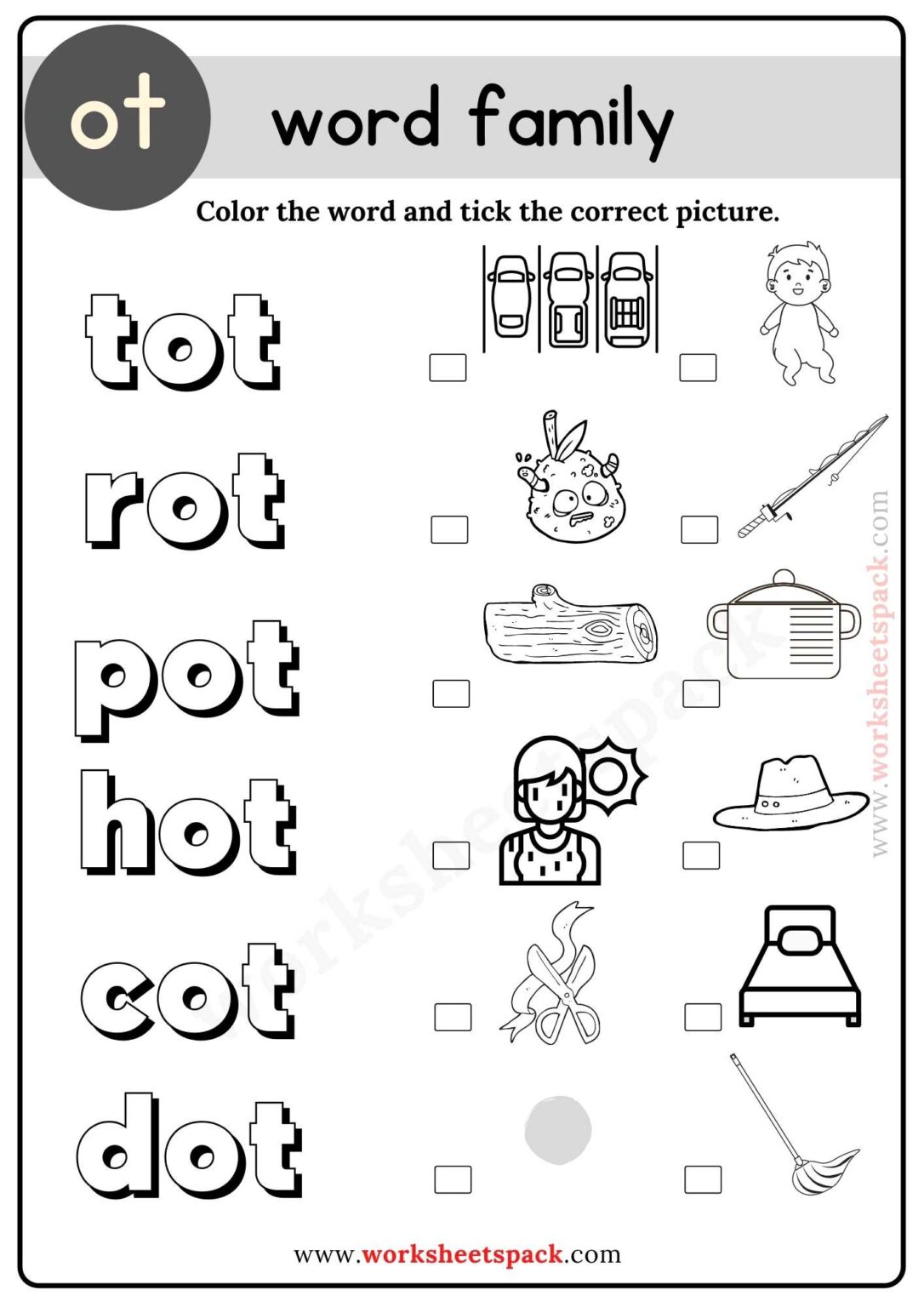 Ot Word Family Coloring Sheets for Kindergarten - worksheetspack