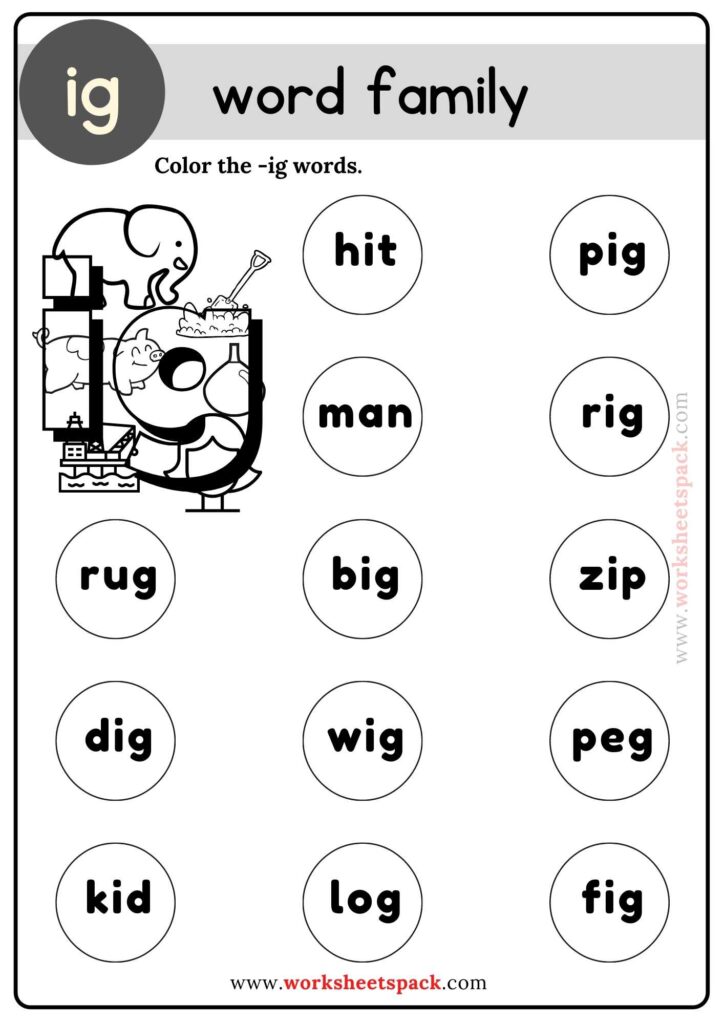 Ig Word Family Coloring Exercises for Kindergarten