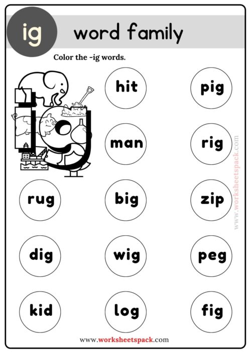 Ig Word Family Coloring Exercises for Kindergarten - worksheetspack