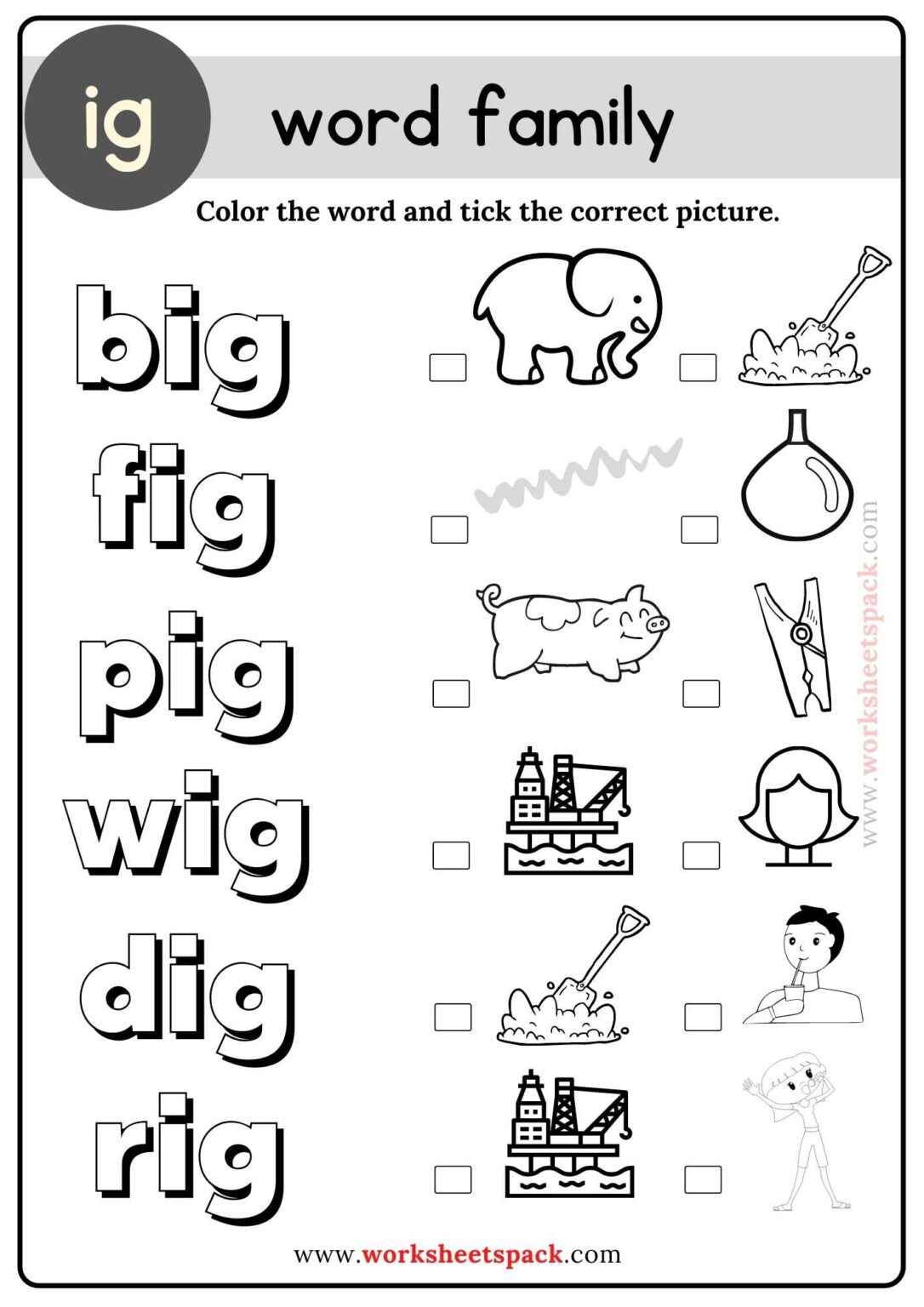 Ig Word Family Coloring Exercises for Kindergarten - worksheetspack